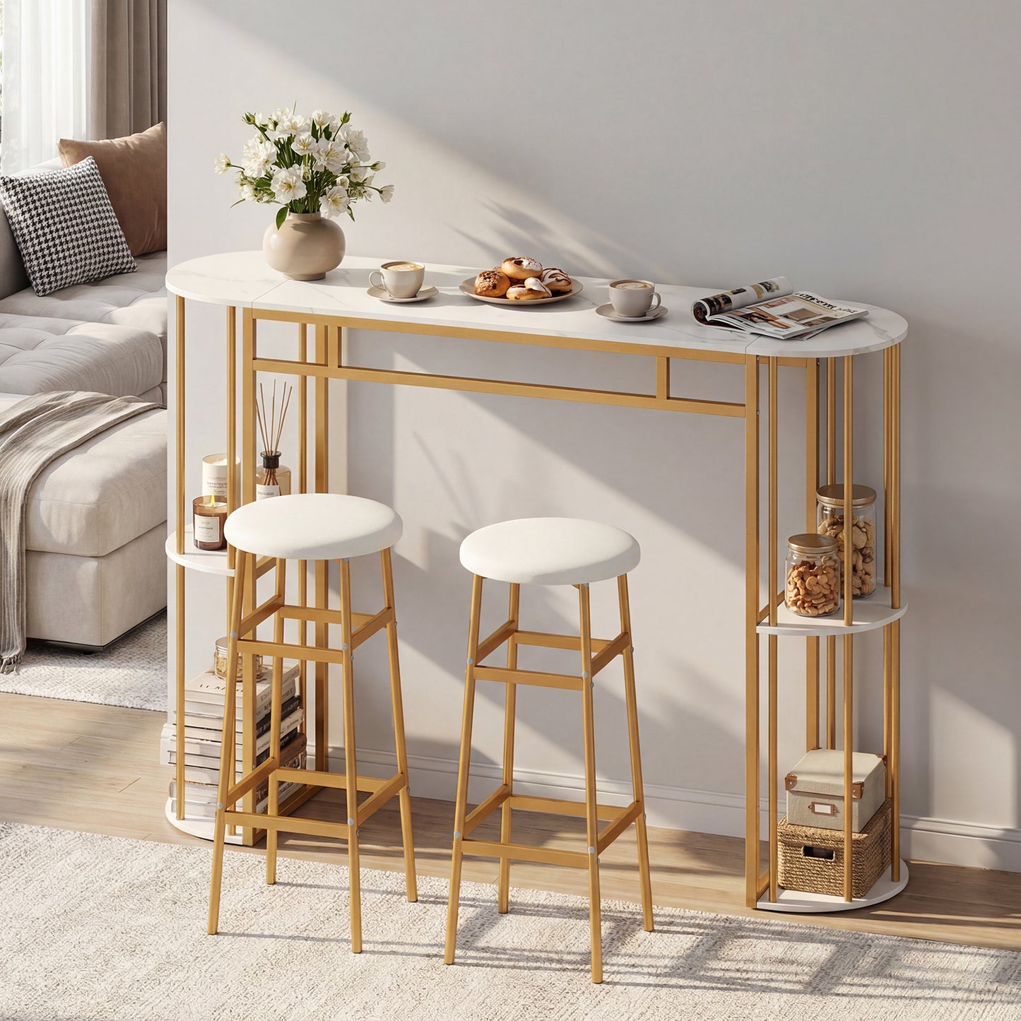 60 Inch Dining Table and 2 Upholstered Barstools with Faux Marble Tabletop-White