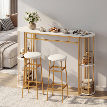60 Inch Dining Table and 2 Upholstered Barstools with Faux Marble Tabletop-White