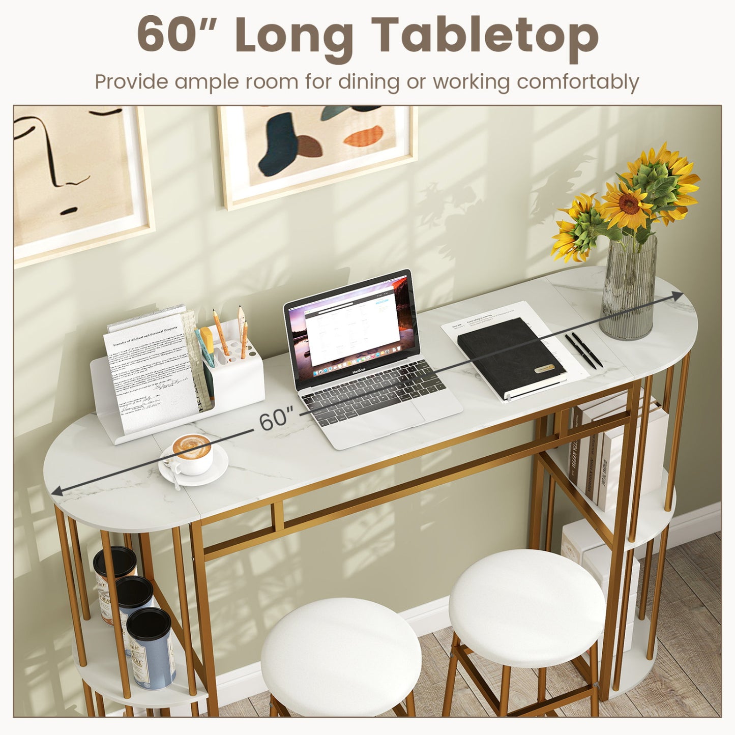 60 Inch Long Bar Table Narrow with Faux Marble Tabletop and Storage Shelves-White