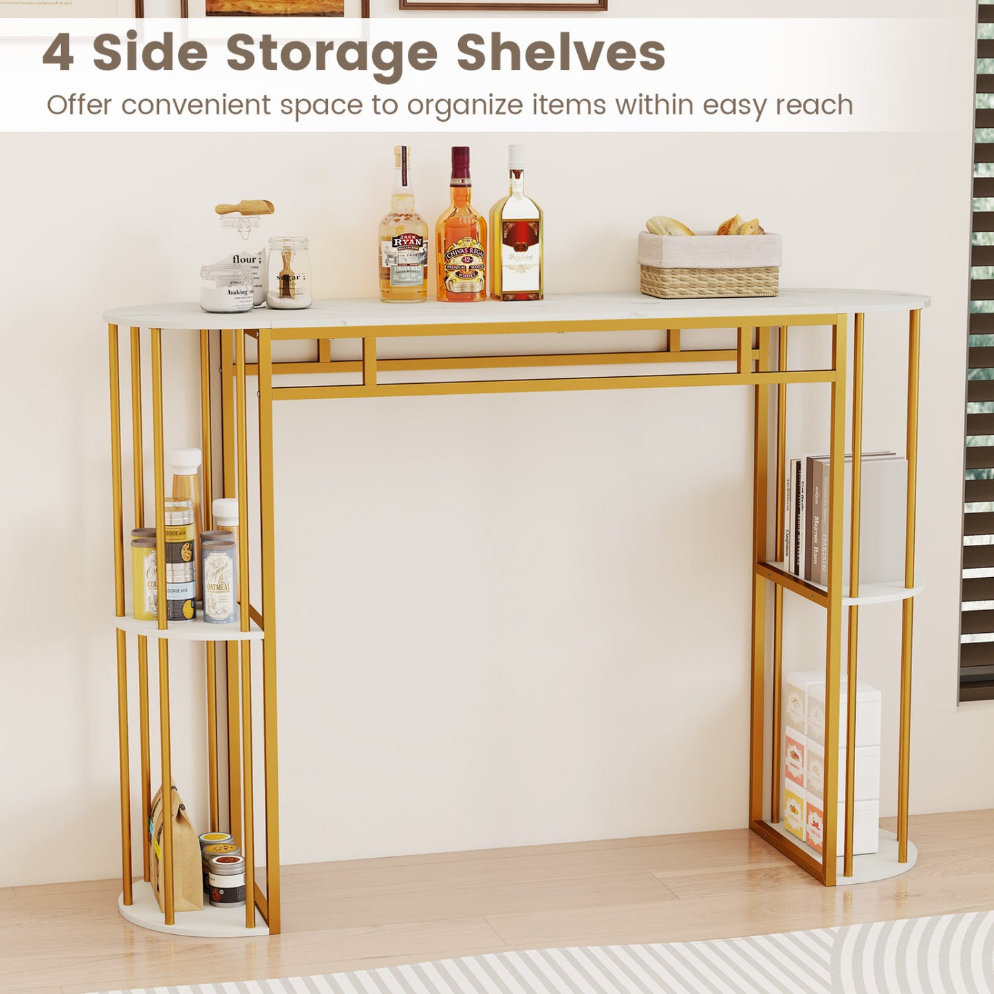 60 Inch Long Bar Table Narrow with Faux Marble Tabletop and Storage Shelves-White
