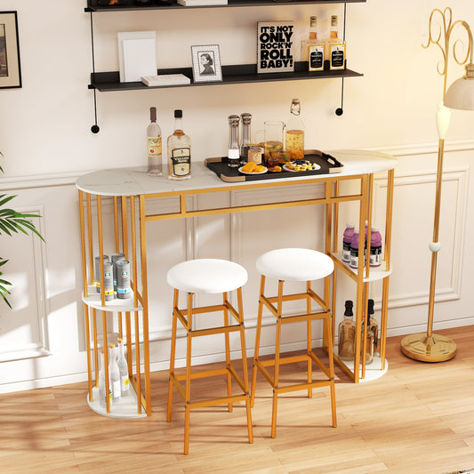 60 Inch Long Bar Table Narrow with Faux Marble Tabletop and Storage Shelves-White