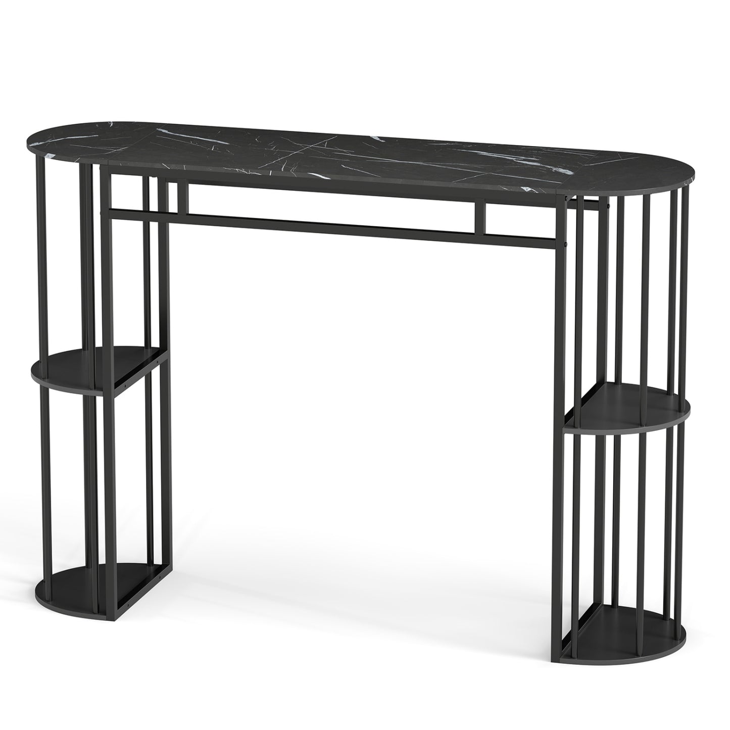 60 Inch Long Bar Table Narrow with Faux Marble Tabletop and Storage Shelves-Black