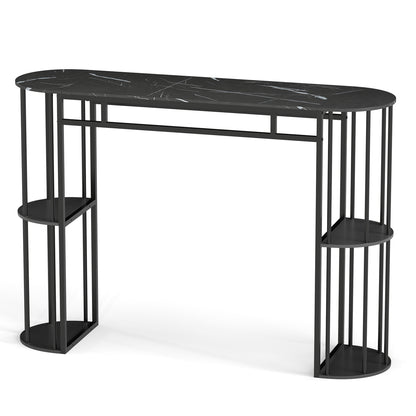 60 Inch Long Bar Table Narrow with Faux Marble Tabletop and Storage Shelves-Black