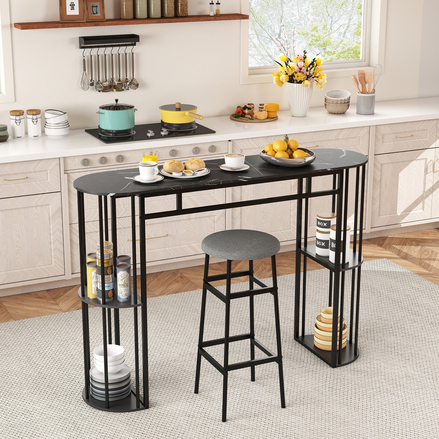 60 Inch Long Bar Table Narrow with Faux Marble Tabletop and Storage Shelves-Black