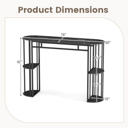60 Inch Long Bar Table Narrow with Faux Marble Tabletop and Storage Shelves-Black