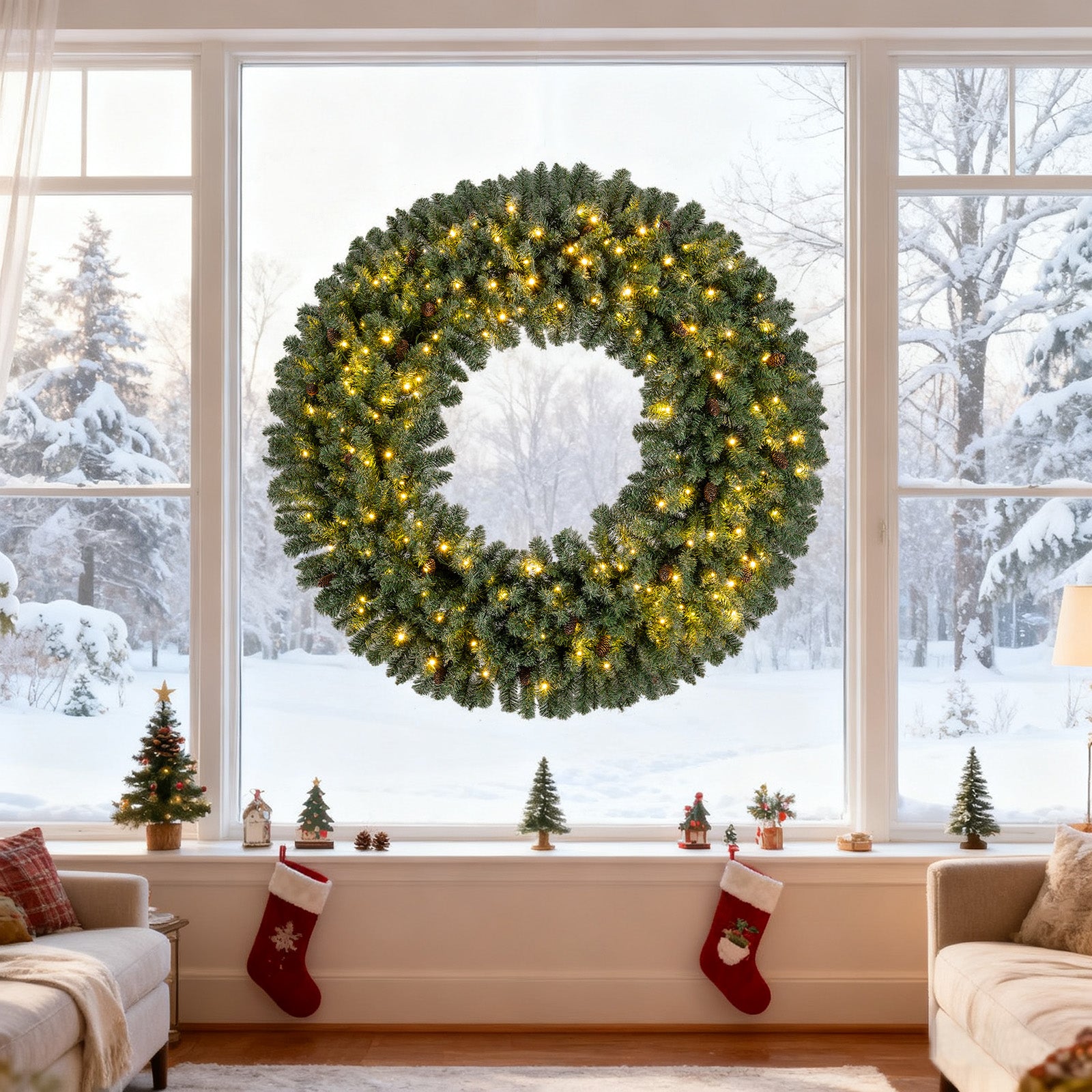 60 Inch Pre-Lit Artificial Christmas Wreath 200 LED Warm White Lights-1 Piece