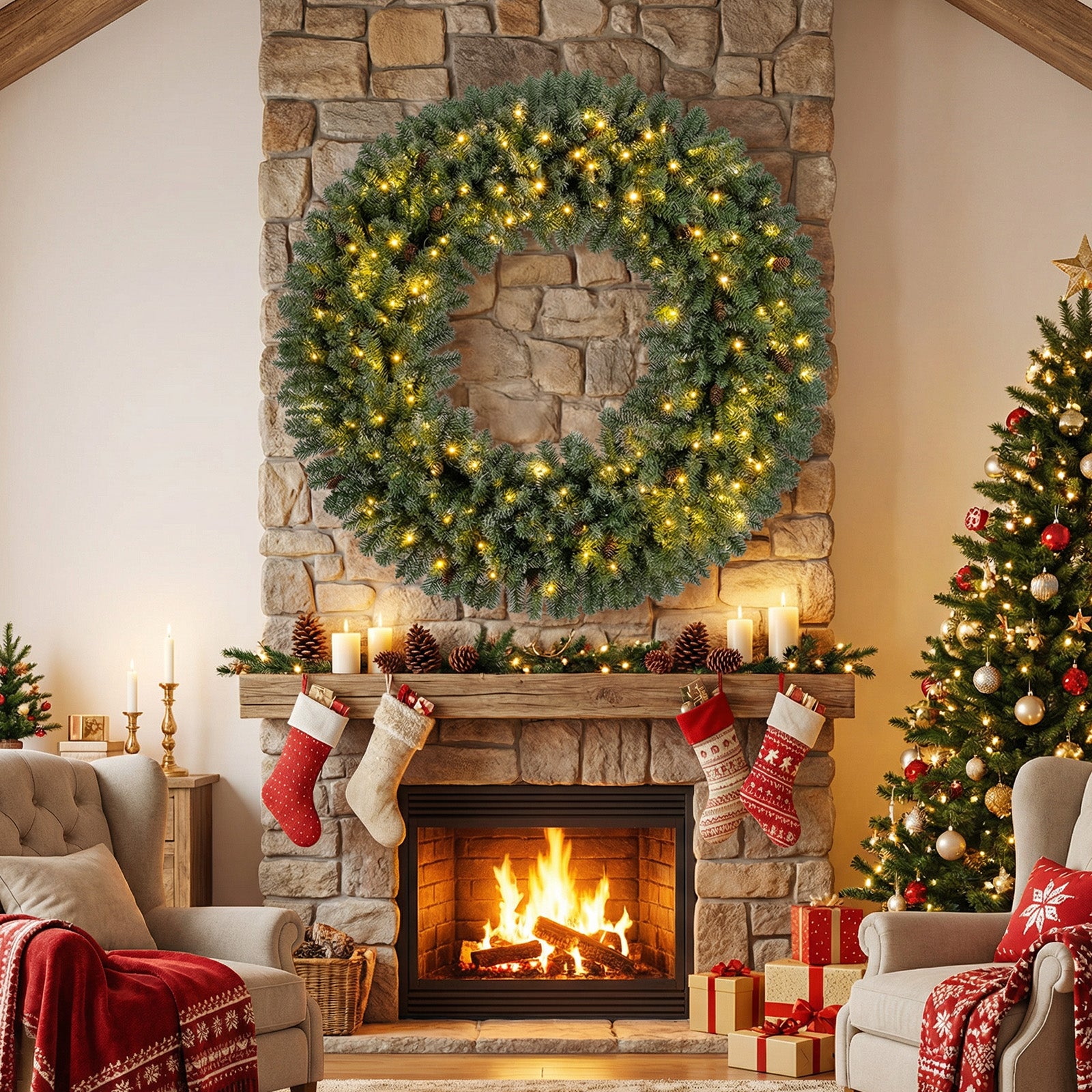 60 Inch Pre-Lit Artificial Christmas Wreath 200 LED Warm White Lights-1 Piece