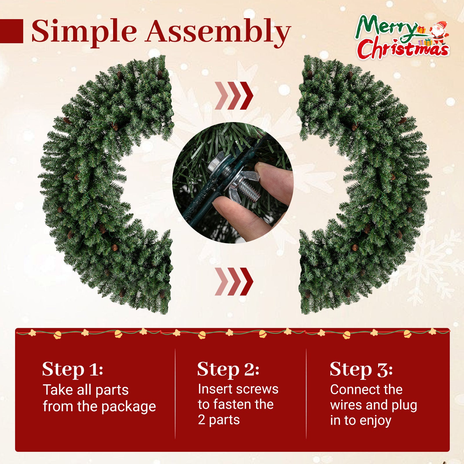 60 Inch Pre-Lit Artificial Christmas Wreath 200 LED Warm White Lights-1 Piece