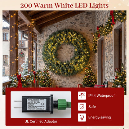 60 Inch Pre-Lit Artificial Christmas Wreath 200 LED Warm White Lights-1 Piece