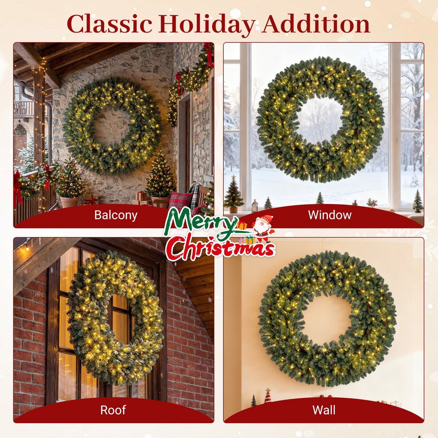 60 Inch Pre-Lit Artificial Christmas Wreath 200 LED Warm White Lights-1 Piece