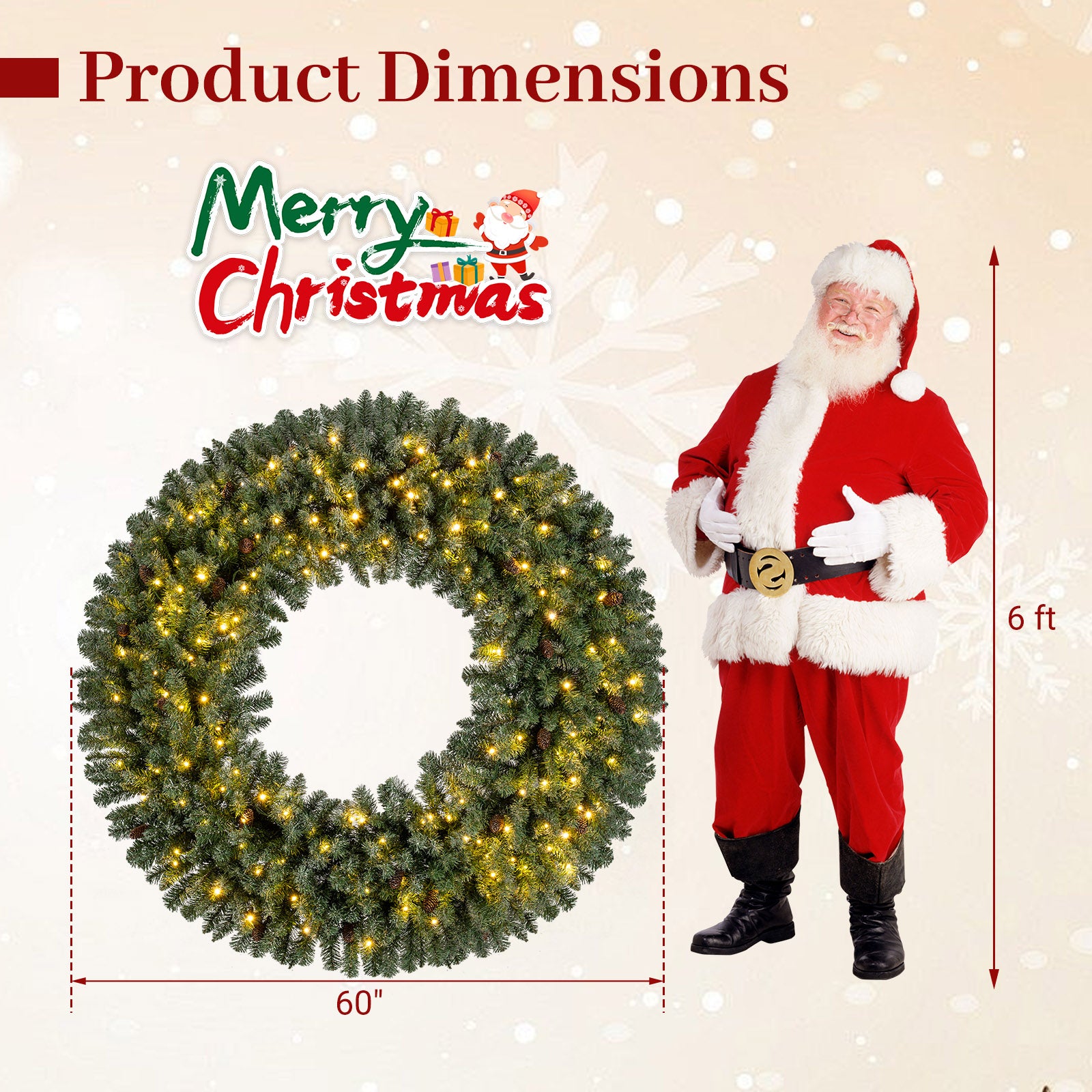 60 Inch Pre-Lit Artificial Christmas Wreath 200 LED Warm White Lights-1 Piece