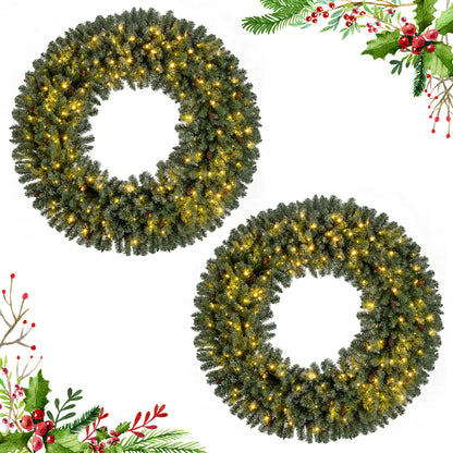60 Inch Pre-Lit Artificial Christmas Wreath 200 LED Warm White Lights-Set of 2