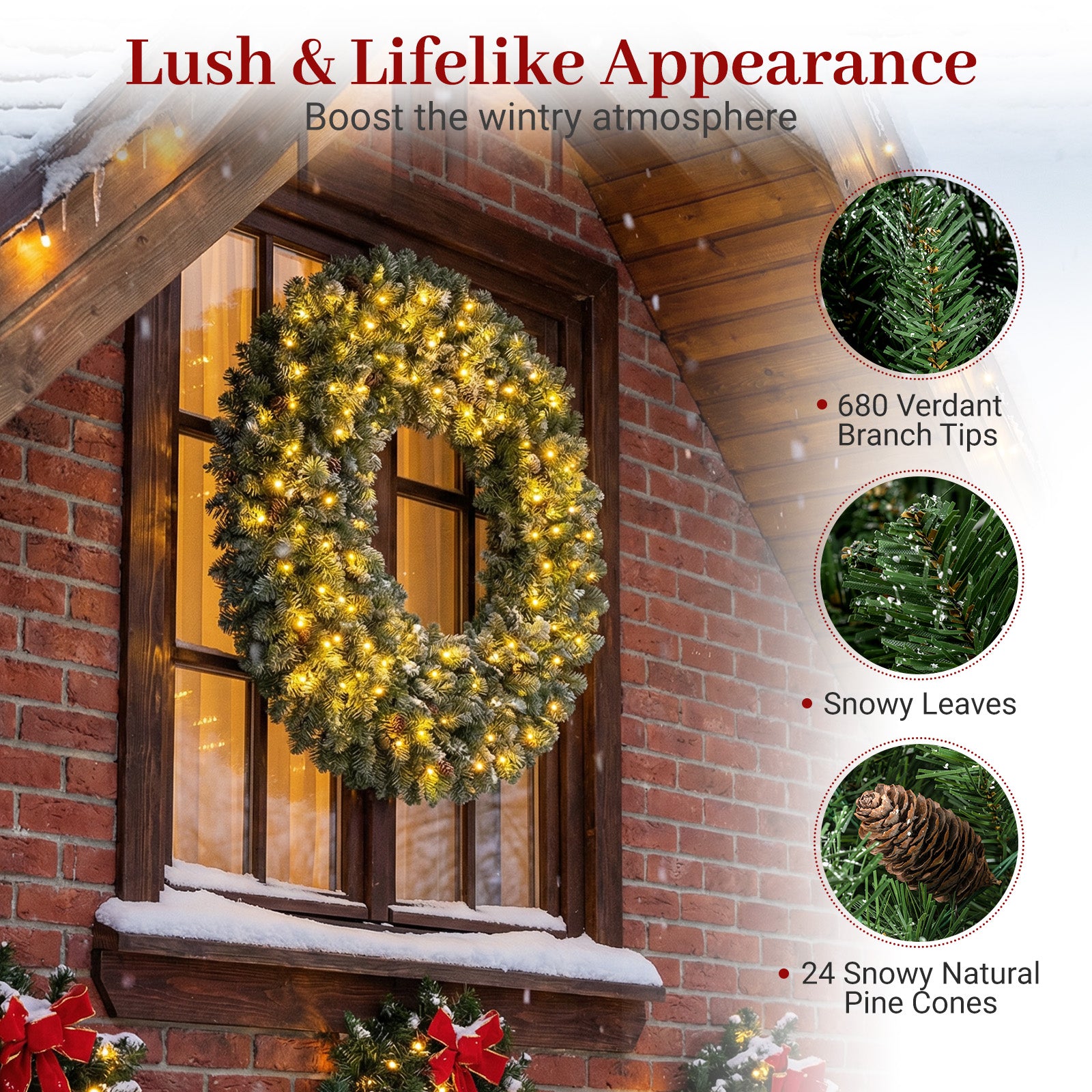 60 Inch Pre-Lit Artificial Christmas Wreath 200 LED Warm White Lights-Set of 2