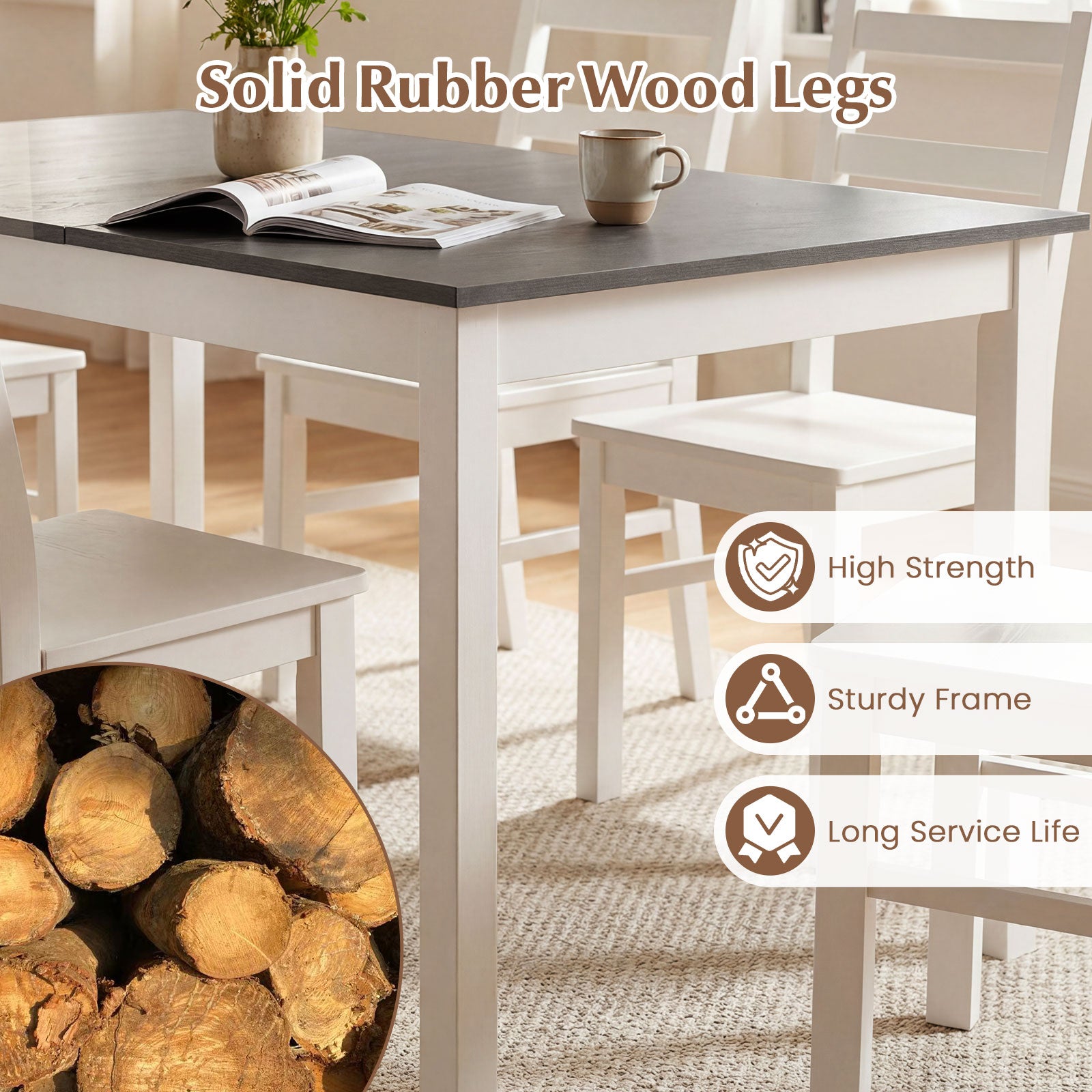 60 Inch Rectangular Dinner Table with Solid Rubber Wood Legs-Gray