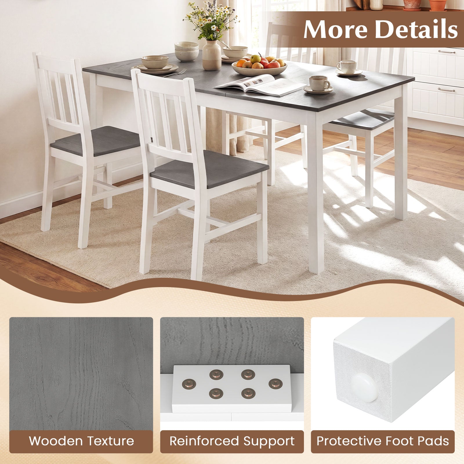 60 Inch Rectangular Dinner Table with Solid Rubber Wood Legs-Gray
