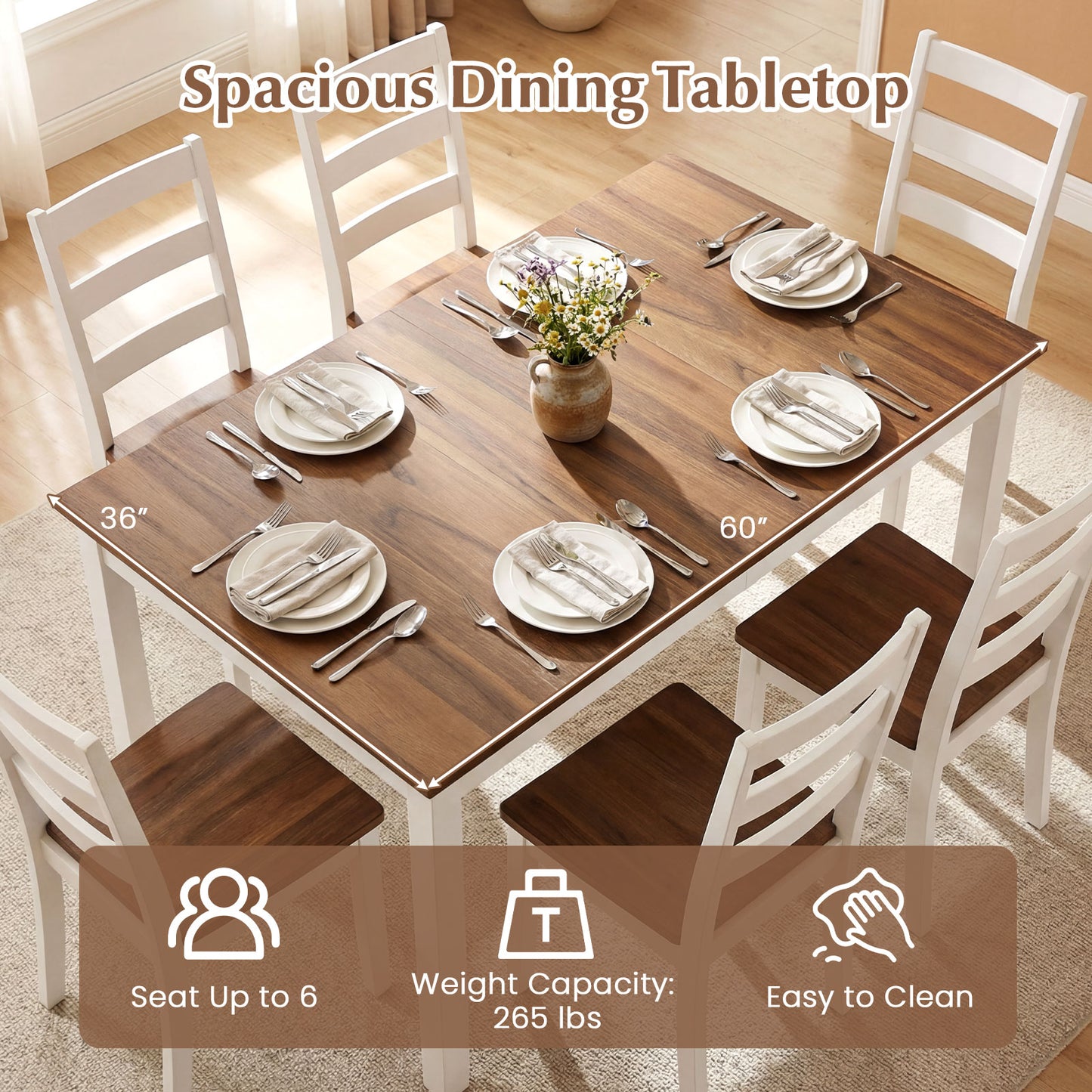 60 Inch Rectangular Dinner Table with Solid Rubber Wood Legs-Brown