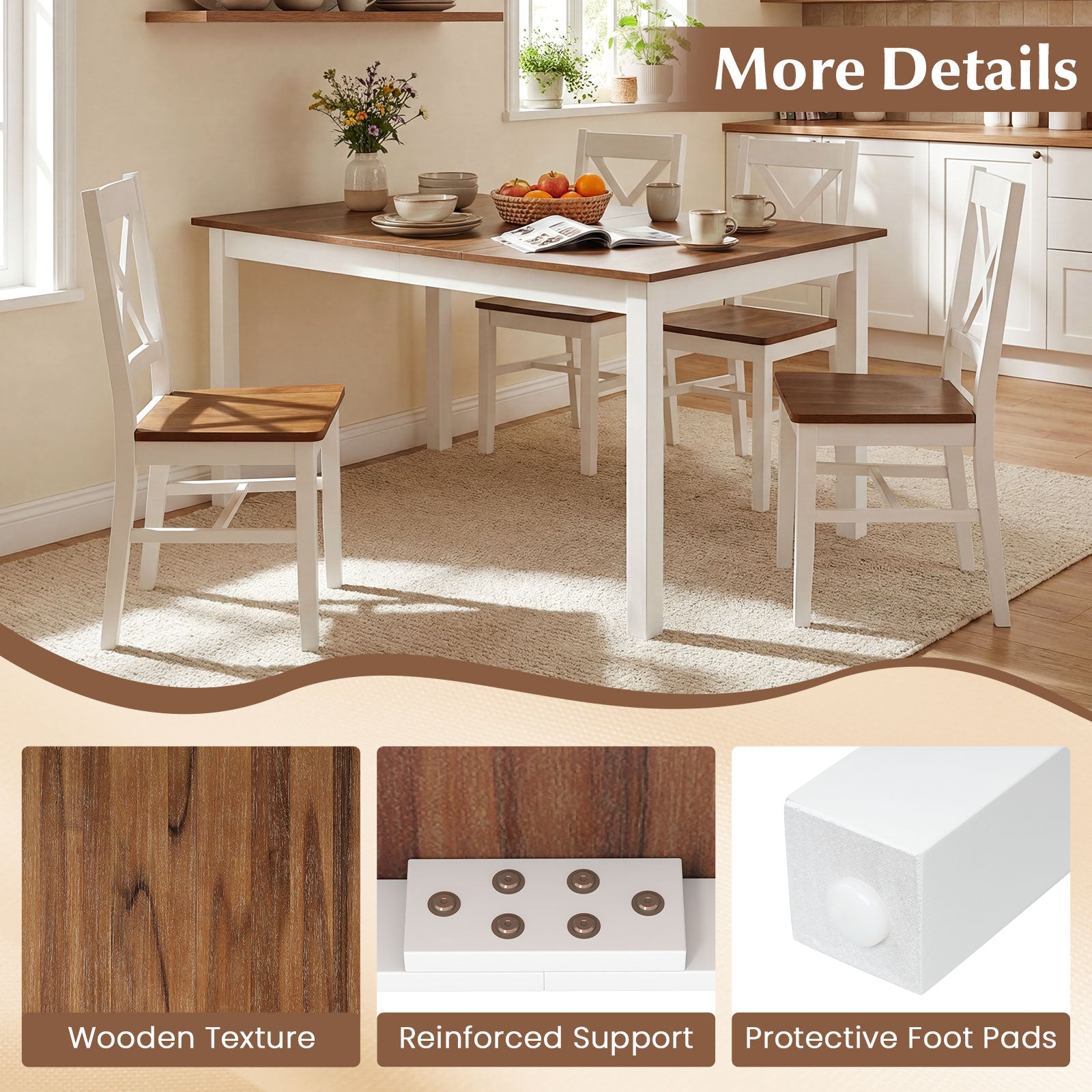 60 Inch Rectangular Dinner Table with Solid Rubber Wood Legs-Brown