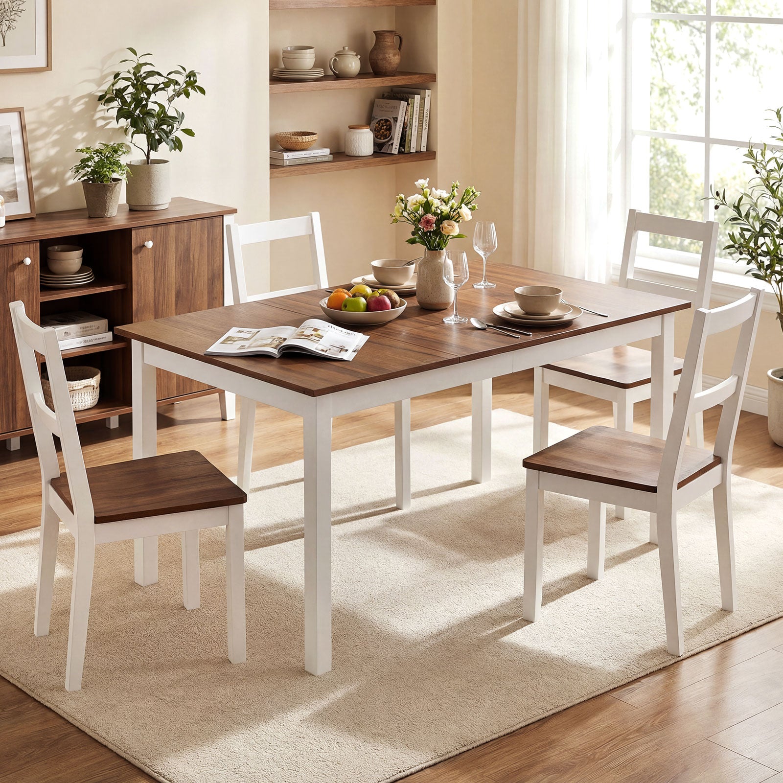 60 Inch Rectangular Dinner Table with Solid Rubber Wood Legs-Brown