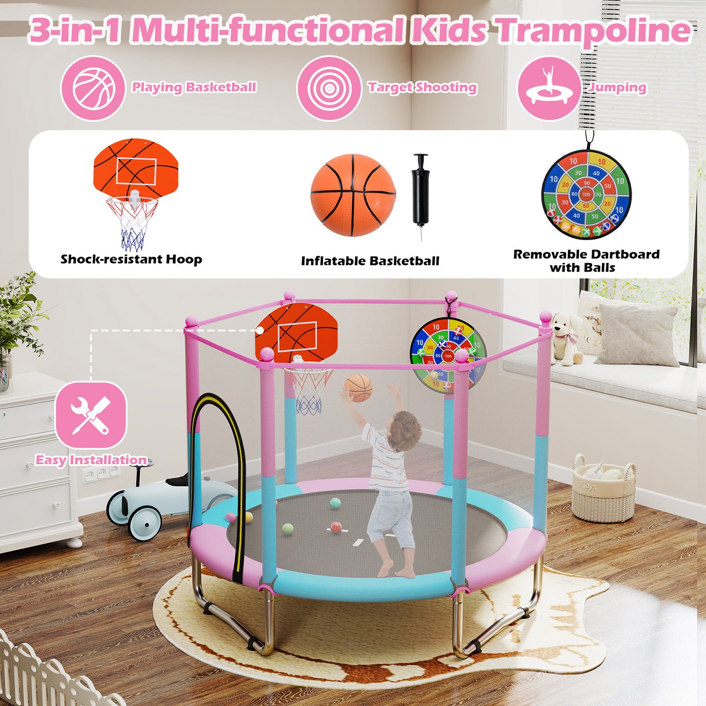60 inch Kids Trampoline Toddler Recreational Trampoline with Basketball Hoop-Macaron