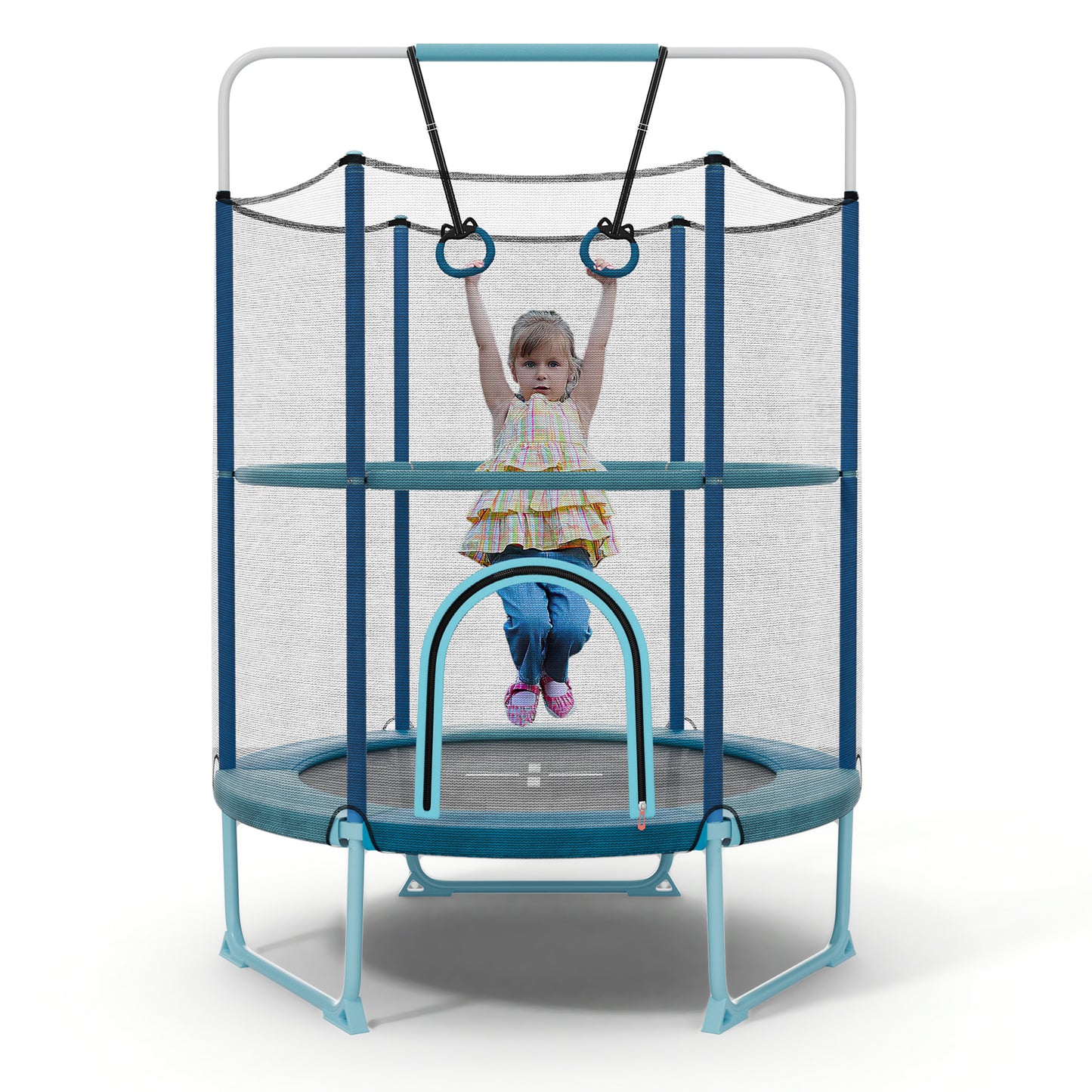 60 Inch Trampoline with Gymnastic Bar and Rings for Kids