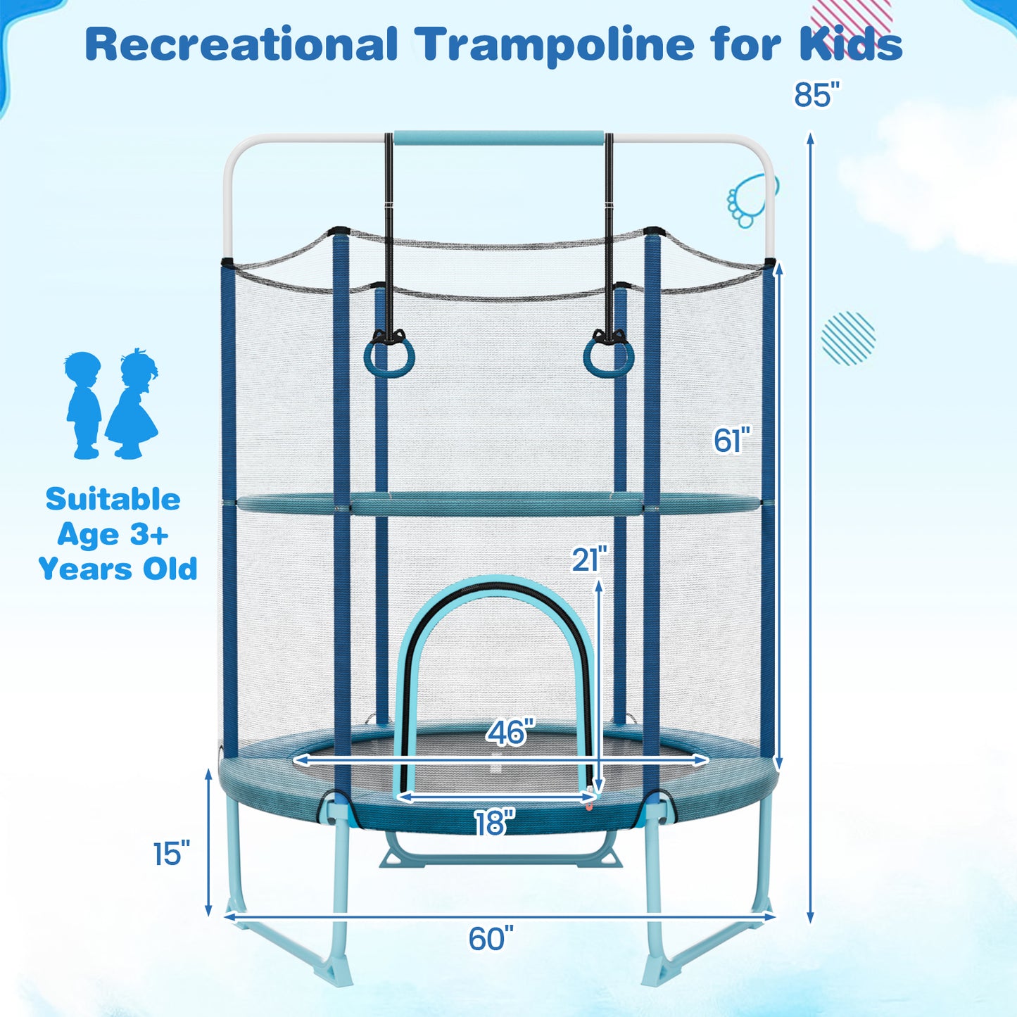 60 Inch Trampoline with Gymnastic Bar and Rings for Kids