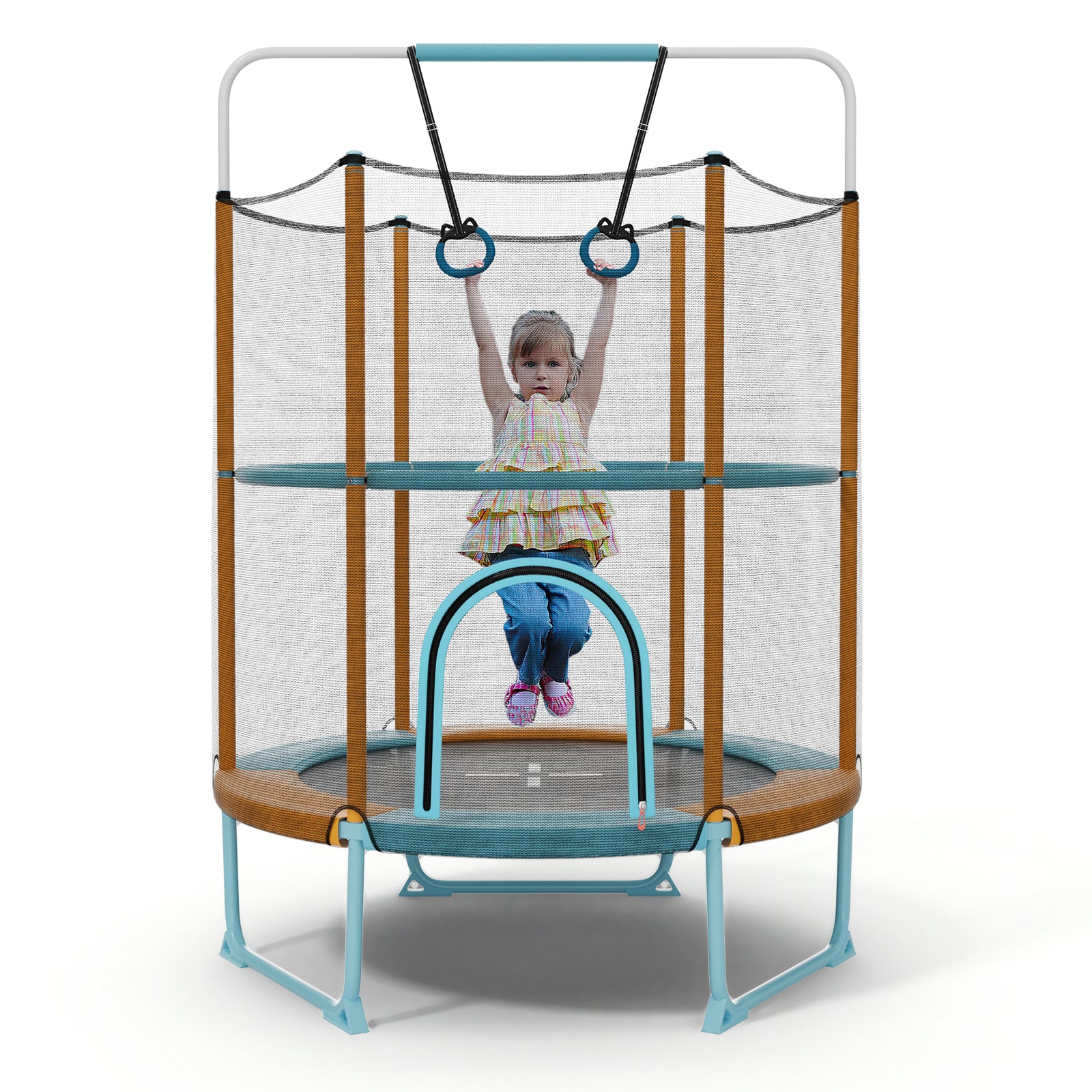 60 Inch Trampoline with Gymnastic Bar and Rings for Kids-Blue - Orange