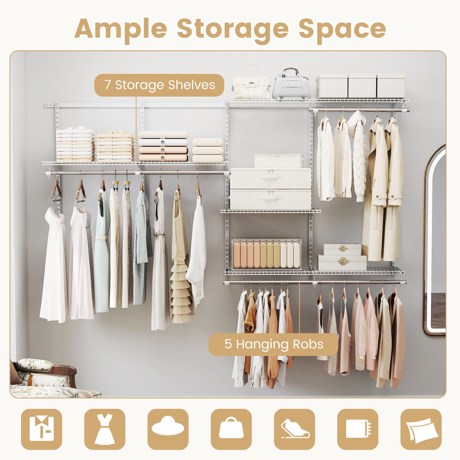 Closet System 4-8 FT Wall-Mounted Closet Shelves and Rod-White