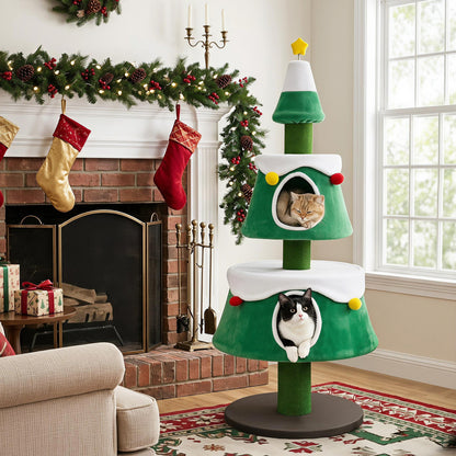 61.5" Christmas Tree Cat Tower with 2 Condos & Scratching Posts