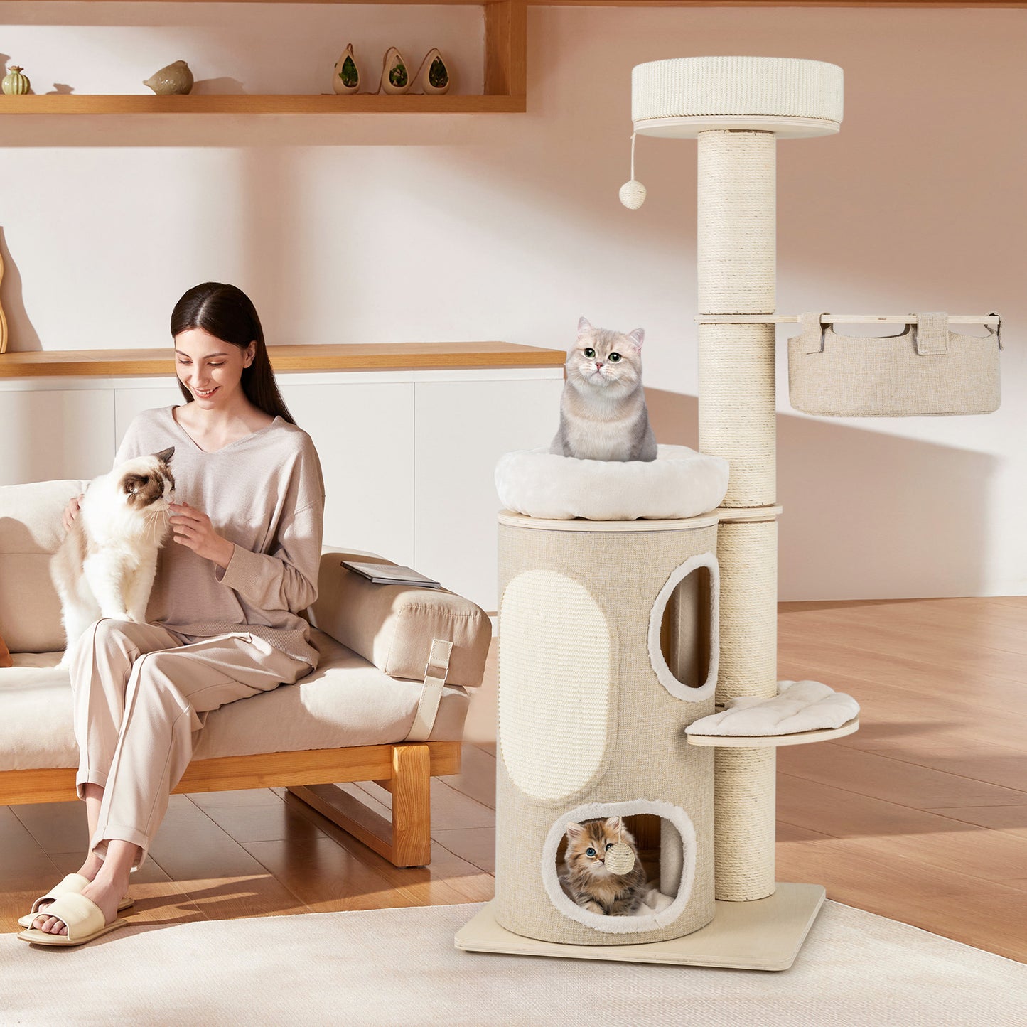 61 Inches Cat Tree for Indoor Cats with 2-stoery Condo and Top Perch-Natural