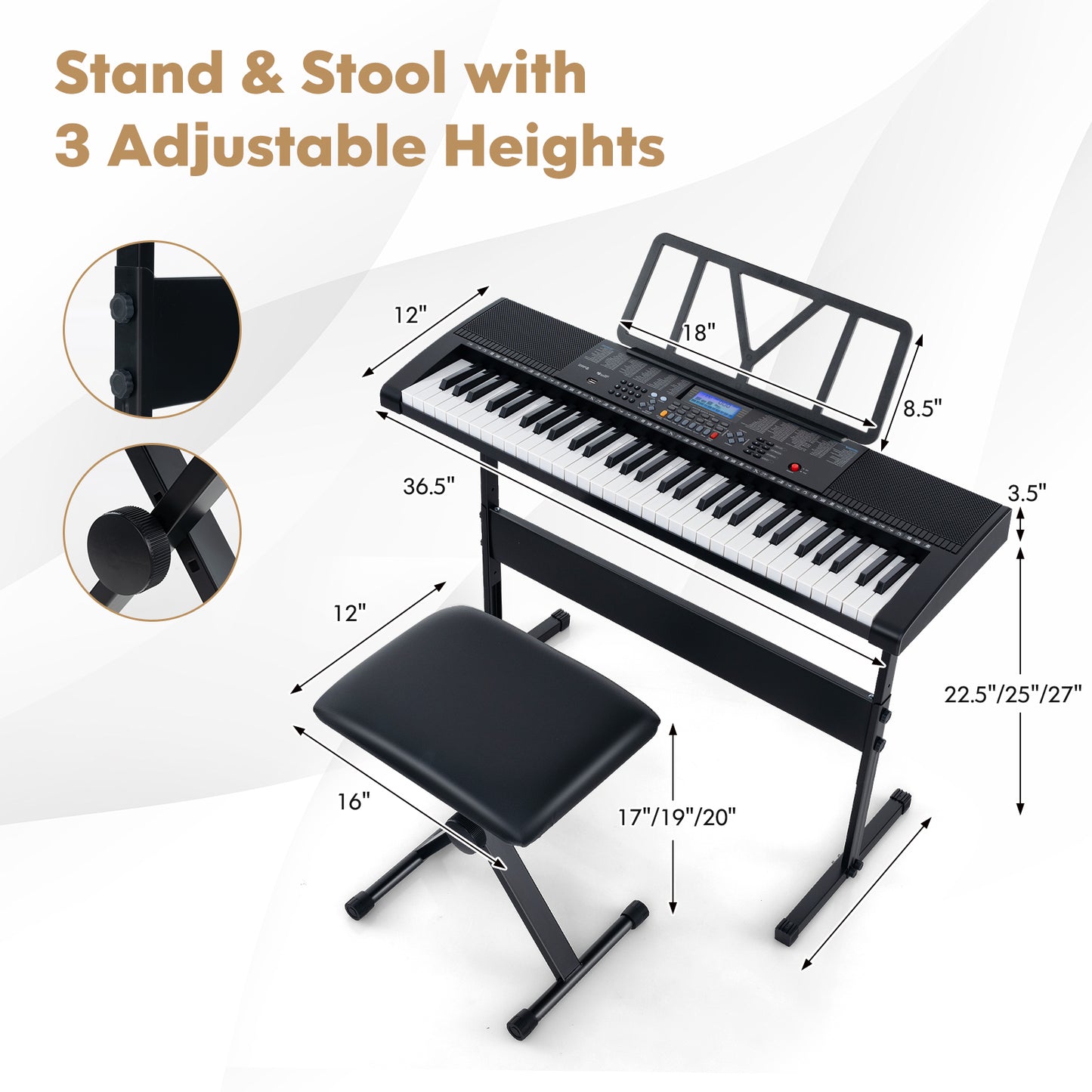 61-Key Portable Electronic Keyboard Piano with Stand and Stool