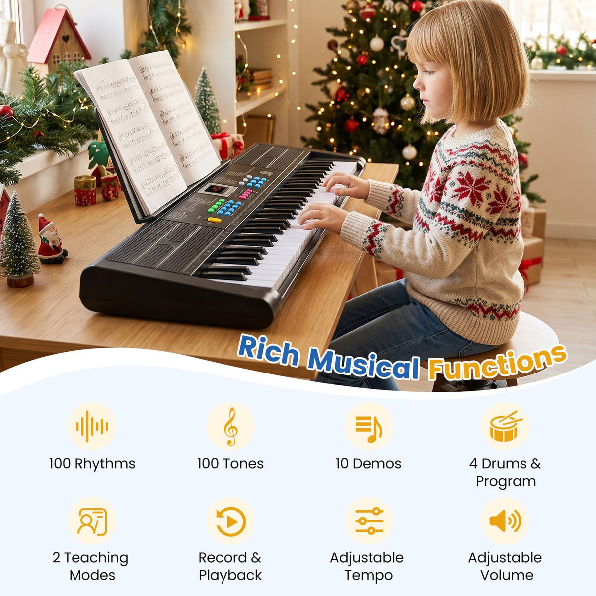 61 Keys Kids Piano Keyboard with Microphone and Music Stand-Black