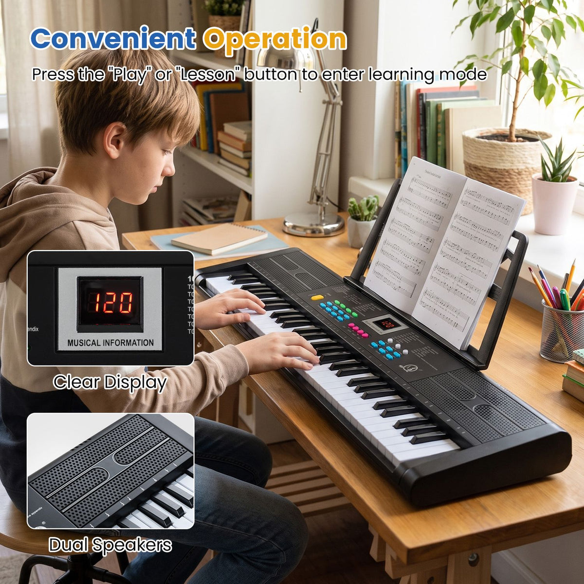 61 Keys Kids Piano Keyboard with Microphone and Music Stand-Black