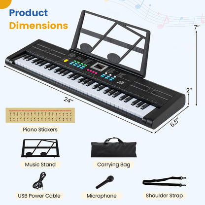 61 Keys Kids Piano Keyboard with Microphone and Music Stand-Black