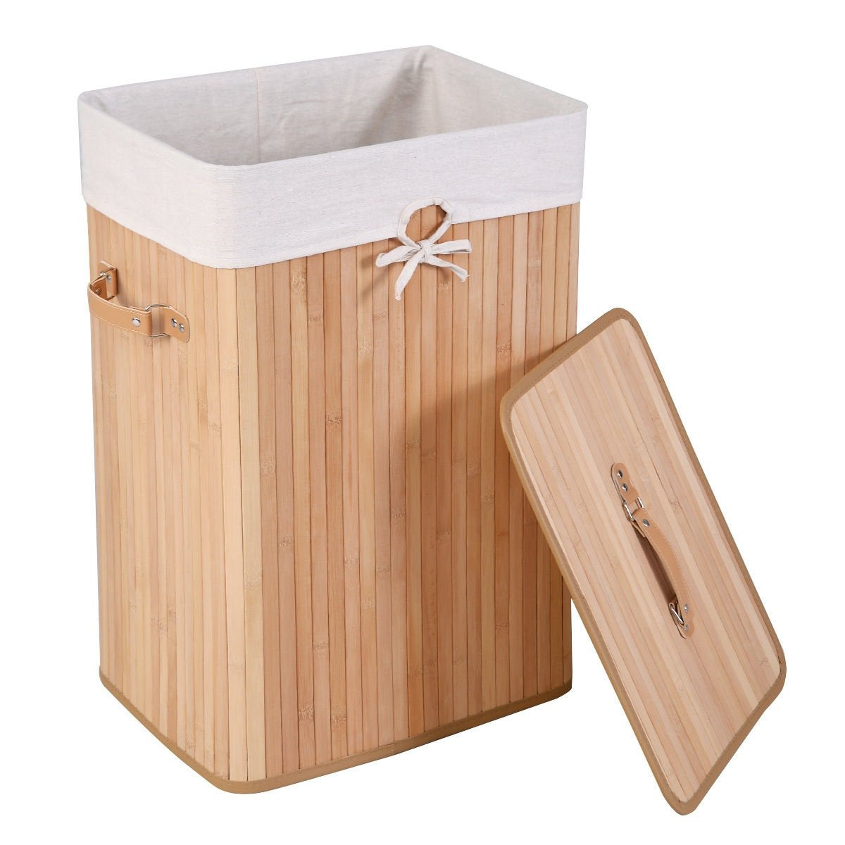 19 Gal Rectangle Laundry Basket Bamboo Clothes Hamper with Handles and Lid-Yellow - Natural