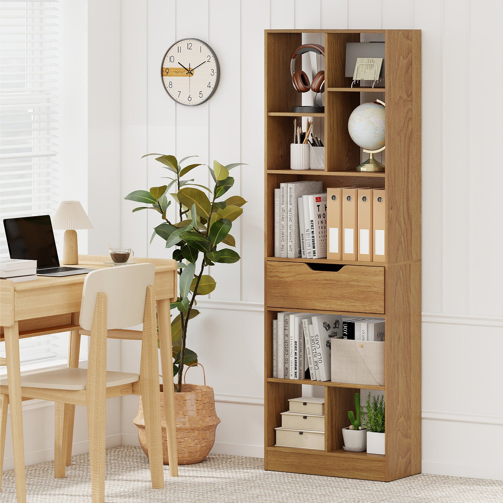 61inch Tall Freestanding Bookcase with Drawer 8-Cube Storage Organizer-Natural