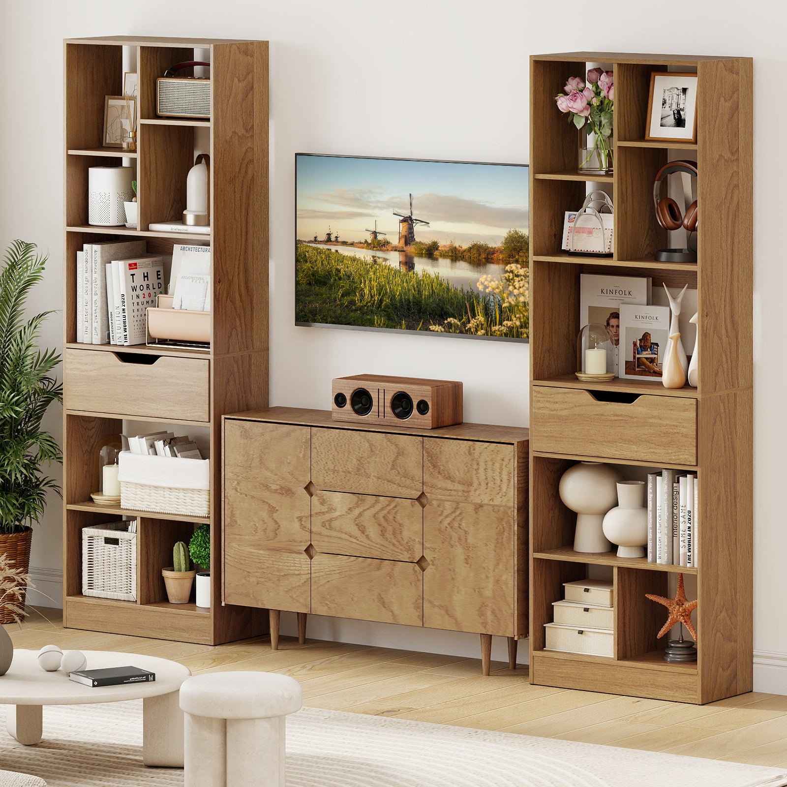 61inch Tall Freestanding Bookcase with Drawer 8-Cube Storage Organizer-Natural