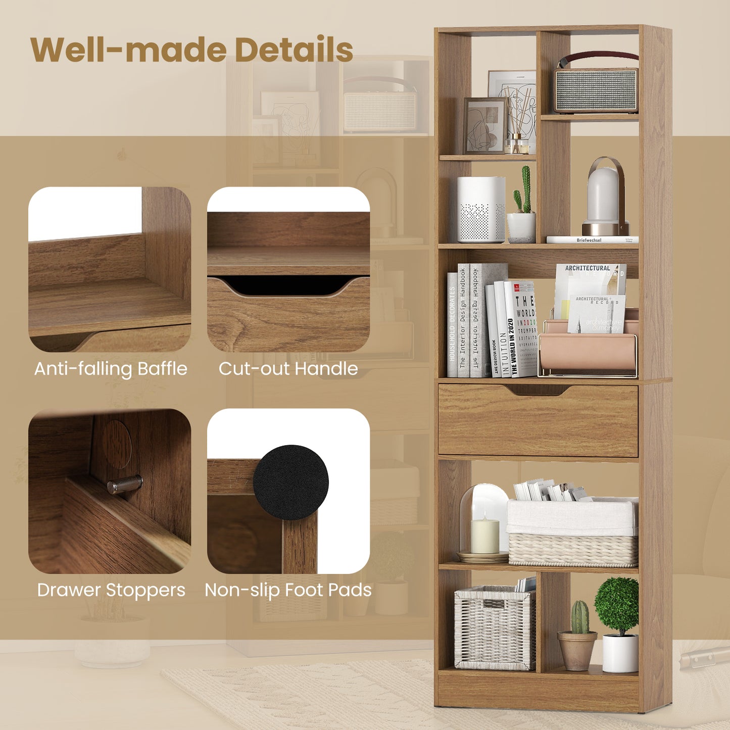 61inch Tall Freestanding Bookcase with Drawer 8-Cube Storage Organizer-Natural