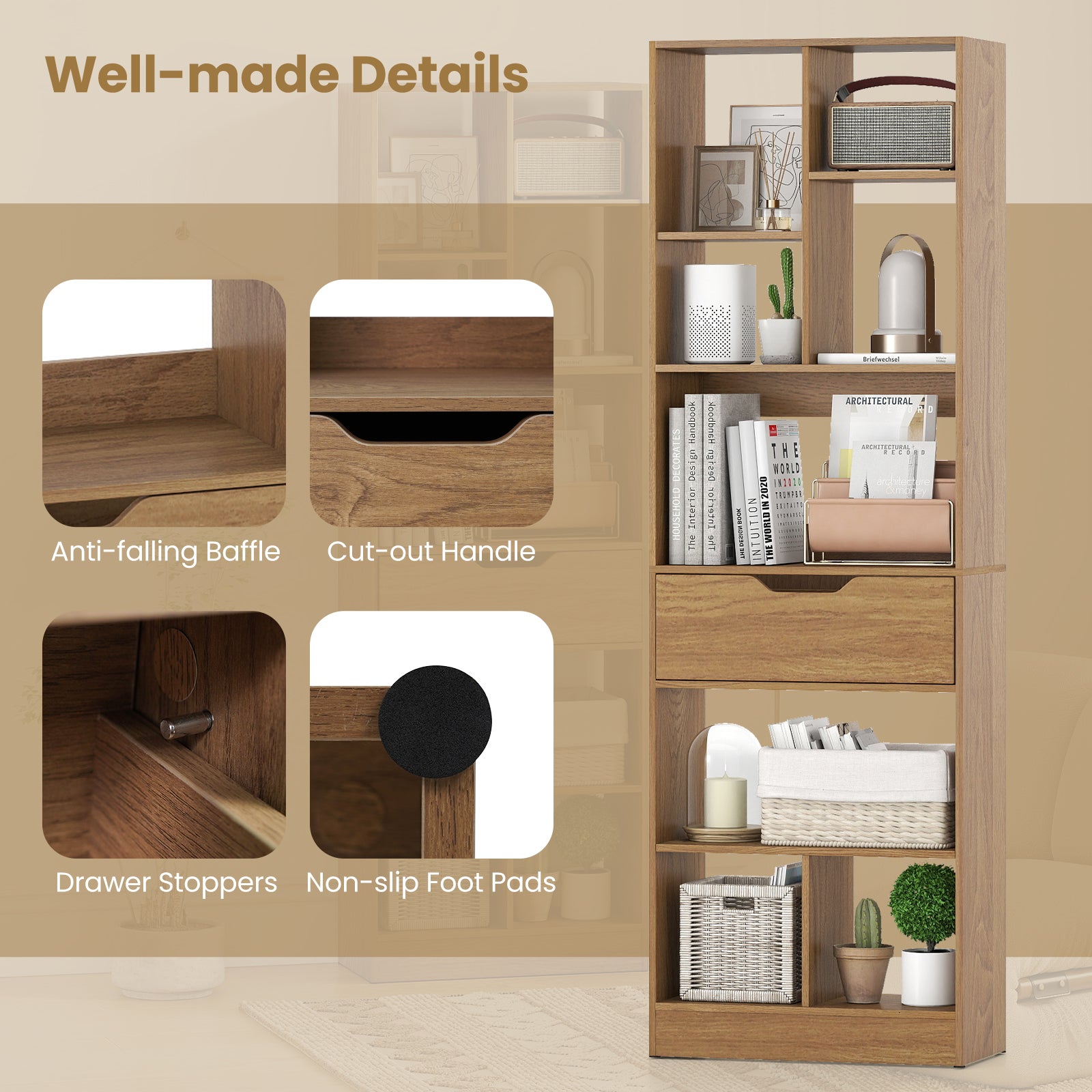 61inch Tall Freestanding Bookcase with Drawer 8-Cube Storage Organizer-Natural