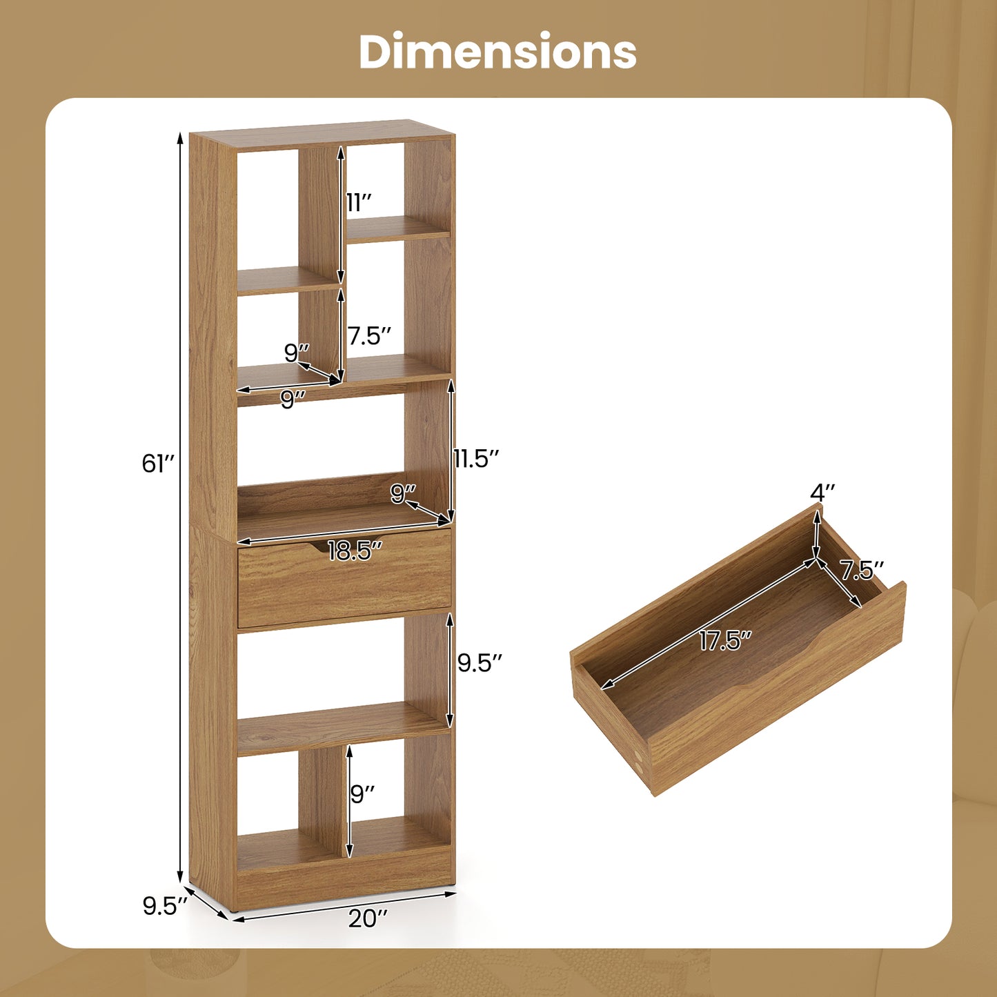 61inch Tall Freestanding Bookcase with Drawer 8-Cube Storage Organizer-Natural
