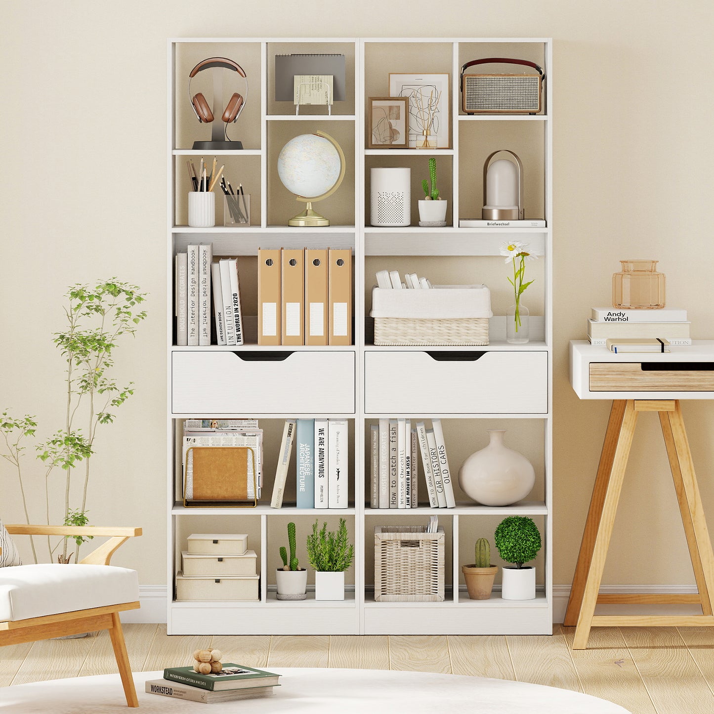 61inch Tall Freestanding Bookcase with Drawer 8-Cube Storage Organizer-White
