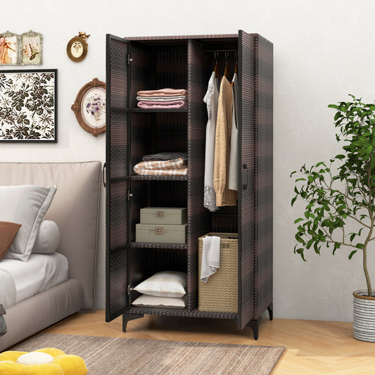 62 Inch Wicker Wardrobe with 2 Doors PE Rattan Closet with Hanging Rod