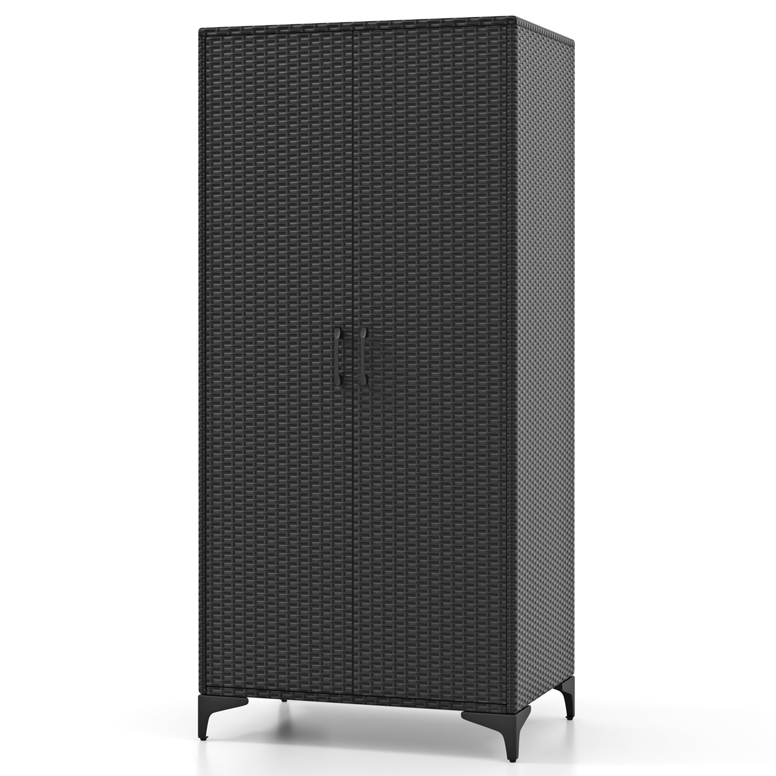62 Inch Wicker Wardrobe with 2 Doors PE Rattan Closet with Hanging Rod-Black - Black