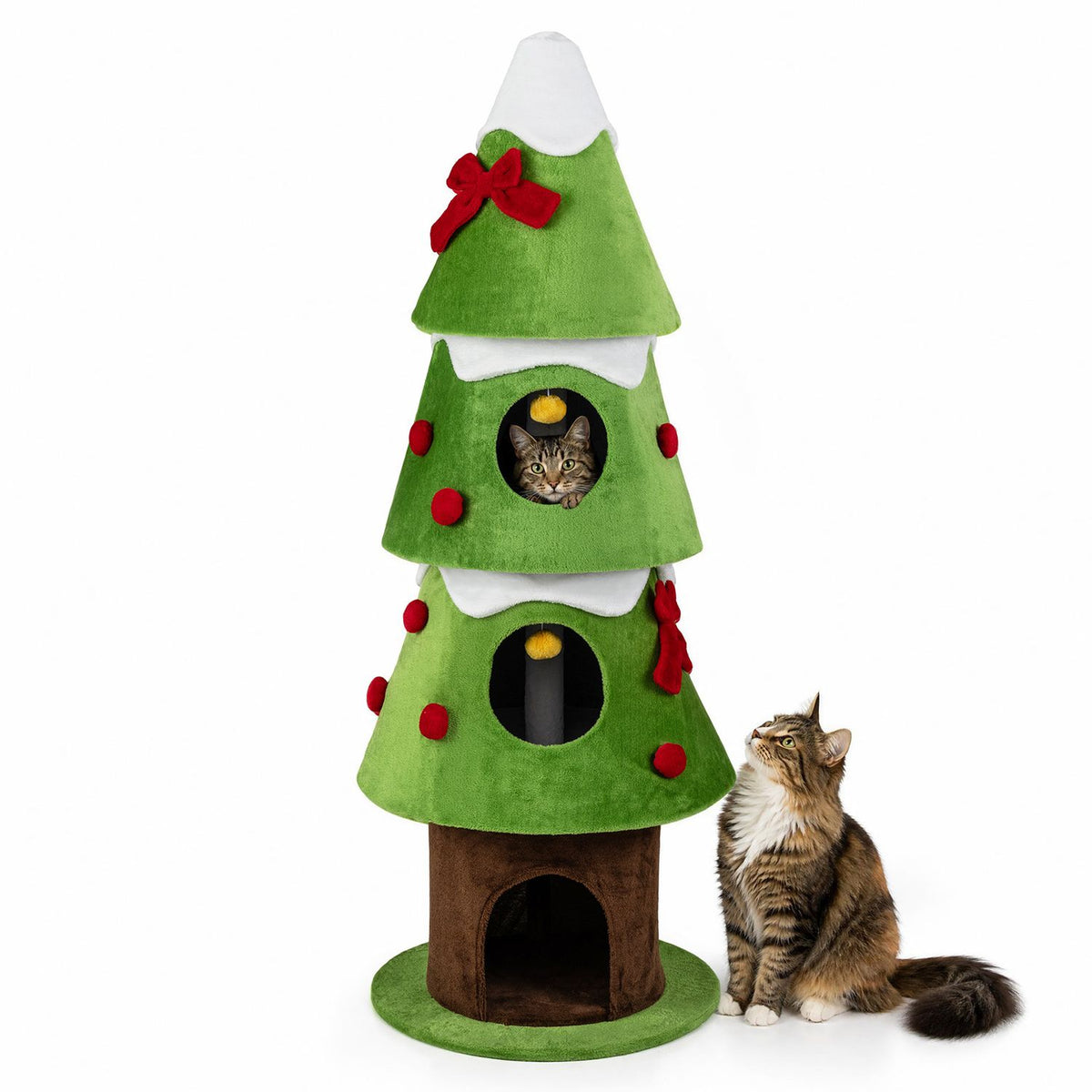 62" Christmas Cat Tree with 3 Cozy Condos and 2 Hanging Balls-Green