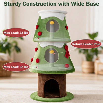 62" Christmas Cat Tree with 3 Cozy Condos and 2 Hanging Balls-Green