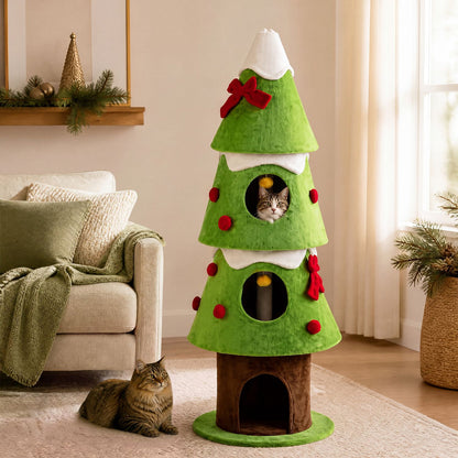 62" Christmas Cat Tree with 3 Cozy Condos and 2 Hanging Balls-Green