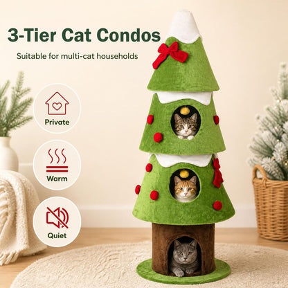 62" Christmas Cat Tree with 3 Cozy Condos and 2 Hanging Balls-Green