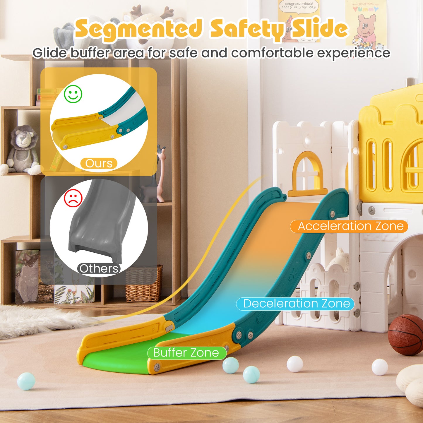 All-in-1 Toddler Slide Playset Playground with Tunnel and Ladder and Basketball-Yellow