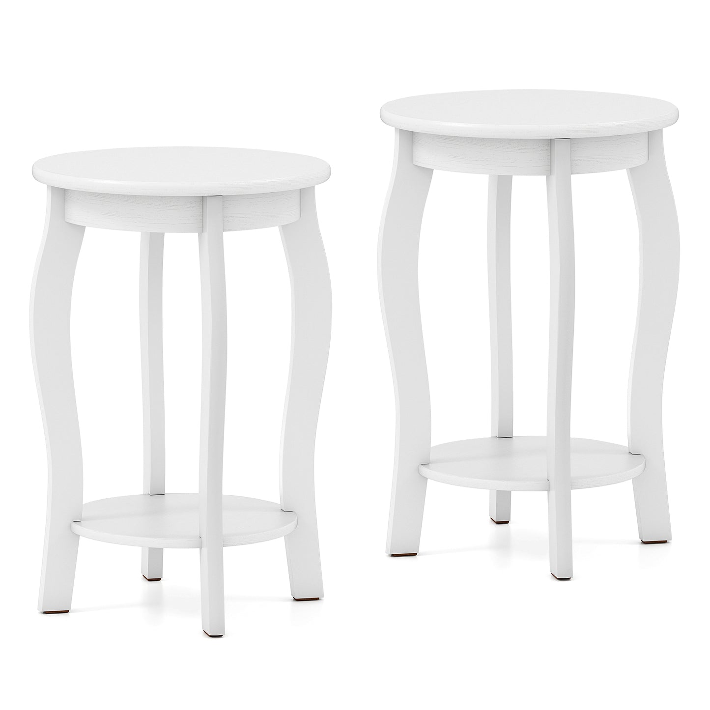 Set of 2 15 Inch 2-Tier Round End Table with Storage Shelf-Walnut - White