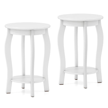 Set of 2 15 Inch 2-Tier Round End Table with Storage Shelf-Walnut - White