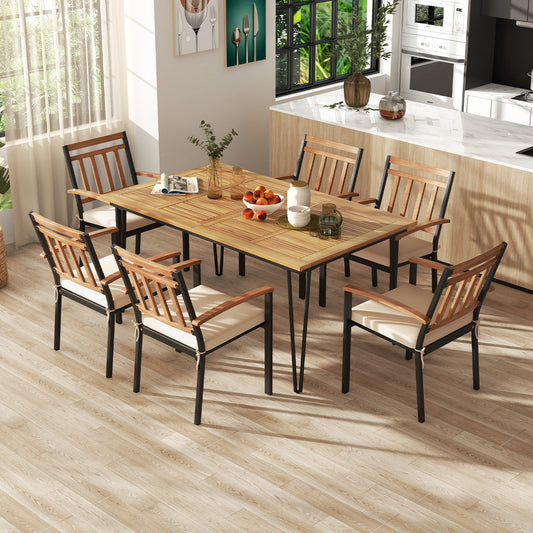 63 Inch Rectangular Outdoor Dining Table for 6 People with Acacia Wood Tabletop and Umbrella Hole